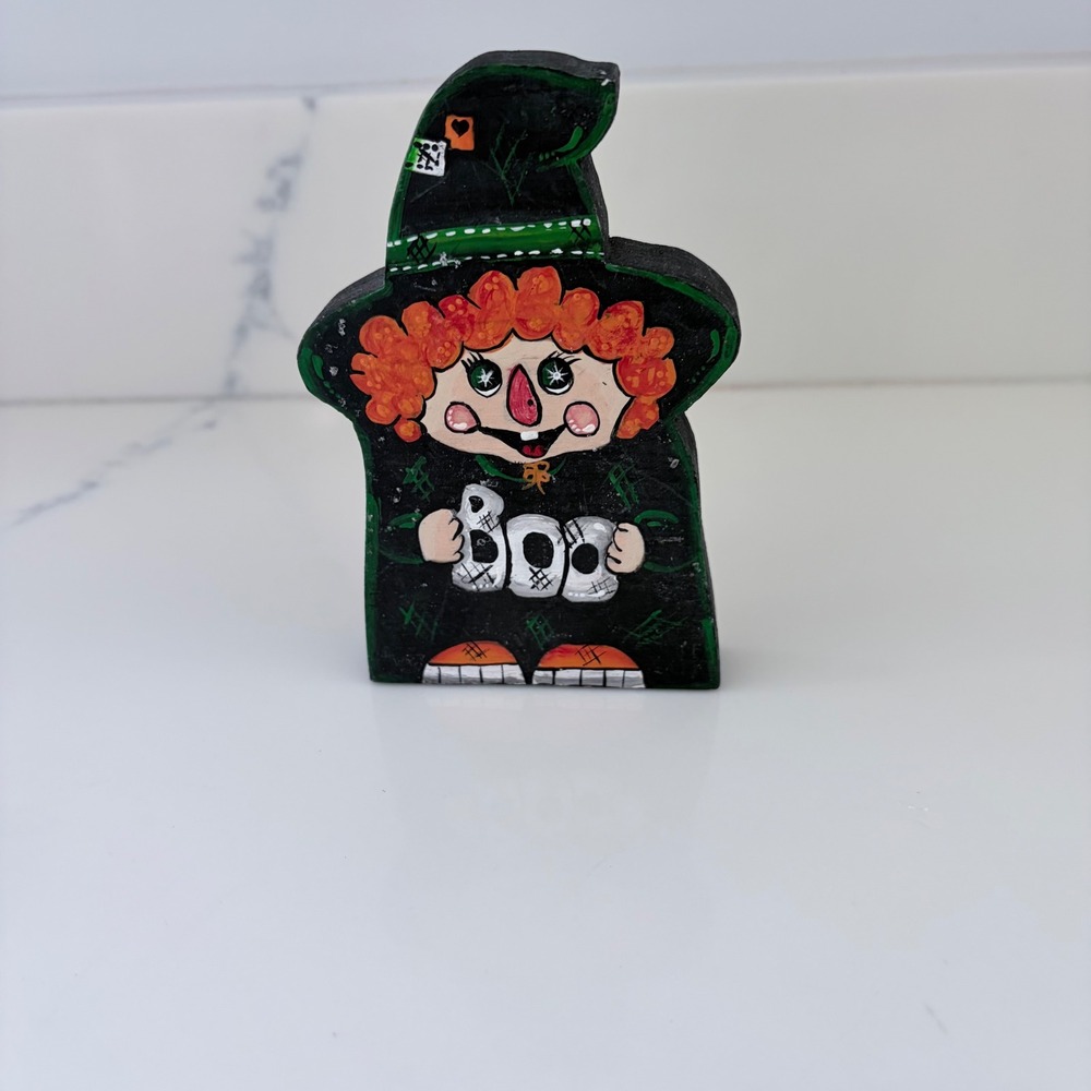 Vintage Hand Painted Wooden Witch Figurine Halloween Folk Art Decor BOO Sign